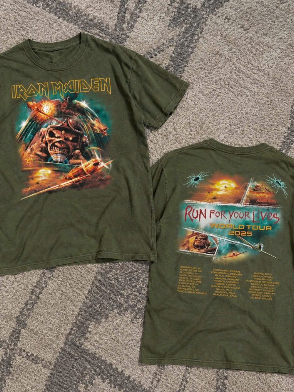 Iron Maiden Run For Your Lives 2025 Tour Olive Green Tee